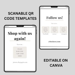 Puede incluir: Dos pantallas de tabletas digitales que muestran plantillas para códigos QR escaneables. Una pantalla dice "Shop with us again!" y la otra dice "Follow us!". Ambas pantallas tienen áreas para códigos de barras y enlaces de redes sociales. El texto de la imagen dice "Editable on Canva."