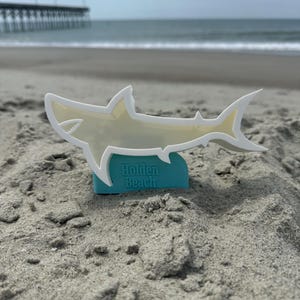 May include: A shark-shaped souvenir with a white outline and a light yellow center, mounted on a turquoise base. The base reads "Holden Beach" in white text. The image is taken on a sandy beach with the ocean and a pier in the background.