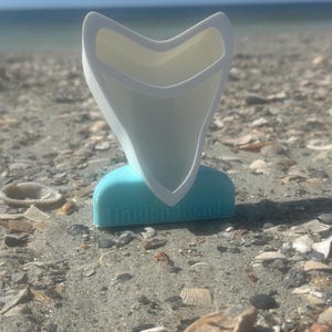 May include: A white shark tooth-shaped object with a turquoise base that reads "Holden Beach" in white lettering. The object is on a sandy beach with seashells and the ocean in the background.