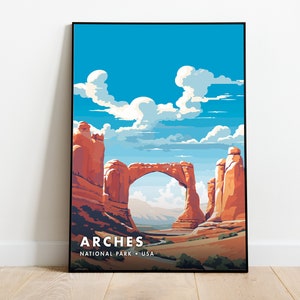 May include: A vertical poster featuring a stylized illustration of Arches National Park in the USA. The artwork depicts a large natural sandstone arch against a bright blue sky with white clouds, with the text ARCHES NATIONAL PARK USA below.
