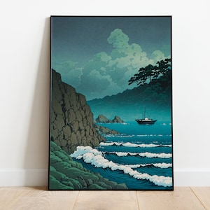 Escena costera serena de estilo ukiyo-e / Impresión de barco pesquero japonés tradicional / Arte mural náutico vintage / Decoración clásica de olas del mar / Póster