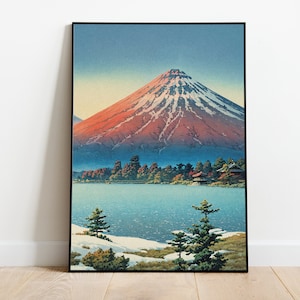 Berg Fuji Ukiyo-e Druck | Vintage Japanische Landschaft Poster | Kultige schneebedeckte Gipfelkunst | Serene Lake Reflection Decor