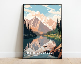 May include: A vertical art print in a black frame depicting the North Cascades National Park. The illustration features jagged, snow-capped mountains reflecting in a calm lake, surrounded by dark green pine trees and rocky shores under a blue sky.