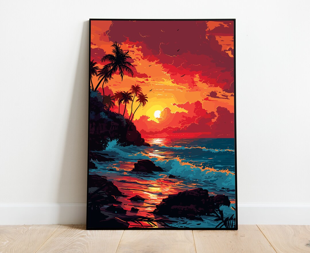 Sunset Beach Art Print: Tropical Palm Trees Seascape - Etsy