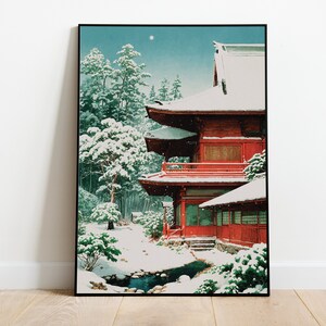 Impresión ukiyo-e de templo nevado / Póster de escena invernal japonesa clásica / Arte tradicional del período Edo / Paisaje sereno cubierto de nieve /