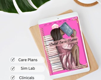 May include: A pink student nurse planner with a gold spiral binding. The cover features an illustration of a woman in a nurse's uniform reading a book. The text "Student Nurse Planner" is printed on the cover.