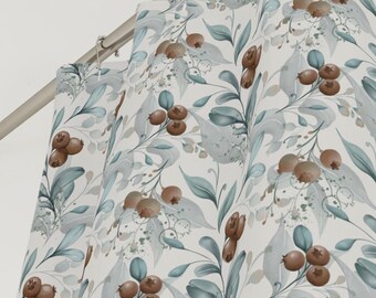 Cortina de ducha con ramas y bayas de arándano en acuarela, cortina de ducha floral en verde azulado y marrón, cortinas de baño estilo bohemio en verde azulado, cortina de ducha con núcleo de cabaña