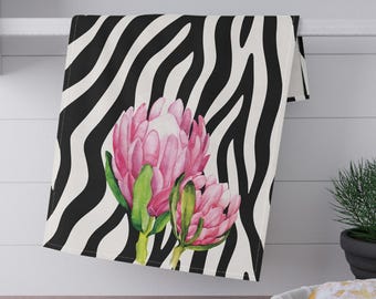 Zebra Print Dish Towel, Pink Protea Kitchen Towel, Modern Floral Tea Towel, Botanical Kitchen Decor