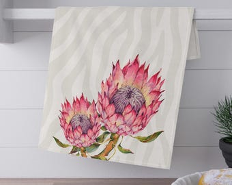 Zebra Print Dish Towel, Pink Protea Kitchen Towel, Modern Floral Tea Towel, Botanical Kitchen Decor