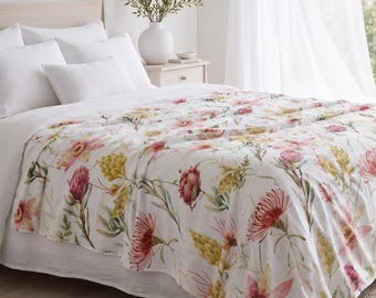 Pink Floral Protea Blanket, Tropical Botanical Throw, South African Inspired Plush Bedding