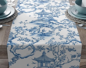 Chinoiserie Table Runner, Blue and white Grandmillenial Decor, Decorative Chinese Themed Fabric, Japanese Print Runner, Mahjong Home Decor