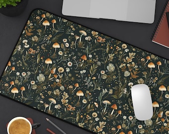 Dark Cottagecore Mat with mushrooms, Floral Desk Mat, Botanical Mouse Pad, Forest mousemat, Boho mushroom Mousepad, Garden office Desk Decor
