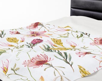 Pink Floral Protea Blanket, Tropical Botanical Throw, South African Inspired Plush Bedding
