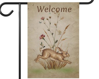 Custom Vintage Design Bunny Garden Banner, Rabbit Outdoor Flag, Spring Home Decoration, Rustic Cottagecore, country meadow Easter Garden