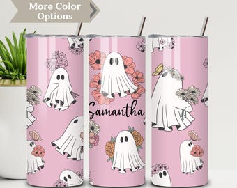 Personalized Halloween Ghost Tumbler with Name, Spooky Ghost Travel Cup, Custom Halloween Tumbler, Retro Ghost Tumbler Gift for Halloween