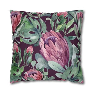 Pink Flower pillowcase, Pink Floral pillow case, Tropical Monstera throw pillow cover, Protea Cushion cover, South African gift for her
