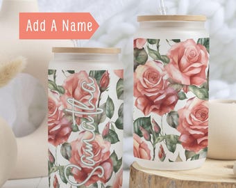 Personalized Birth Flower Glass Cup with Name | Custom Birth Month Floral Tumbler with Lid & Straw | June Birthday Gift Coffee Glass