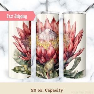 Protea Flower Tumbler with straw, Watercolor Pink Floral Tumbler, Tropical Flower Travel Mug, South Africa flower cup, Banksia 20oz Tumbler