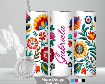 Mexican Embroidery Flower Tumbler, Personalized Otomi Embroidery Cup, Floral Pattern travel Mug, Abuelita gift, Flower Tumbler with Straw