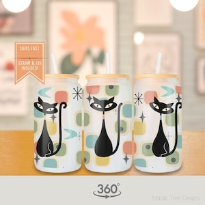 May include: Three white frosted glass tumblers with black cat designs and a retro geometric pattern. Each tumbler has a bamboo lid and a straw. The text "Ships Fast Straw & Lid Included!" is in a yellow banner at the top of the image.