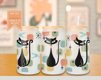 Atomic Black Cat Frosted Glass Tumbler, Kitschy Black Sexton Cat Cup, Mid Century Modern Beer Glass, MCM Iced coffee glass cup, Retro Glass