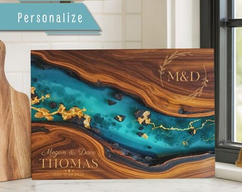 Personalized Glass Cutting Board Wedding Gift, Custom Name Anniversary Gift for Couple, River Charcuterie Board, Housewarming Gift