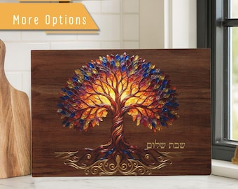 Personalized Challah Cutting Board, Tree of Life, shabbat challah tray, Modern Hebrew Hamotzi Plate, Judaica Gift, Jewish wedding glass gift