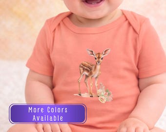 Cute Deer Baby Bodysuit with name, Safari baby shirt, South African romper, Jungle animal Outfit, Zoo animal Baby Clothes, Woodlands Baby