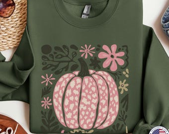 Pink Pumpkin sweatshirt, Pink Halloween sweatshirt, Girly Pink Fall Sweatshirt, Trendy Fall sweatshirt, Floral pink pumpkin crewneck for her