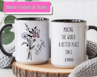 Personalized 40th Birthday Mug, Best Friend Gift for Her, Birth Month Flower Name Mug, Mom Wife Daughter Gift, Feminine Milestone Cup