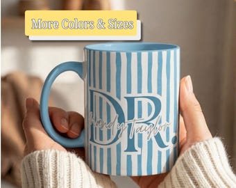 Custom Dr. Coffee Mug, Personalized Doctor Gift, Striped Doctoral Graduation Mug, Custom Name MD Coffee Cup, Medical School Graduation Gift