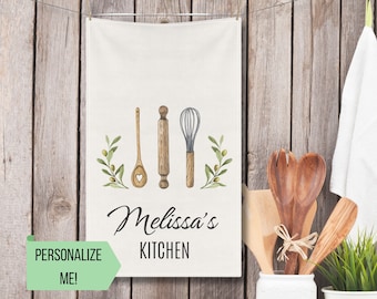 Watercolor Baking Utensils Kitchen Towel, Personalized White Tea Towel, Baking Utensils Kitchen Décor, Cottage Farmhouse kitchen Dishcloth