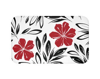 Alfombra de baño con flores de amapola, alfombra de bañera con flores rojas, decoración floral para baño, diseño botánico minimalista, decoración de baño en rojo, blanco y negro, diseño floral moderno.