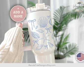 Personalized floral shell tumbler 40oz, floral croquette tumbler, Beach themed Tumbler,Custom Beach Bachelorette Coastal Bridesmaid Proposal
