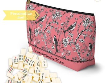 Personalized Chinoiserie Mahjong bag, Pink Mahjong tile storage, Game night Tile pouch, Mahj bag, with birds, Cute Mahj gift, Bam Crack Dot