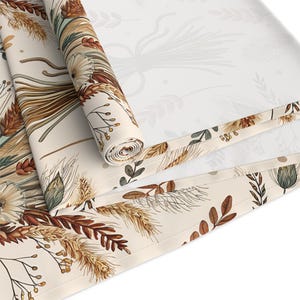 Fall harvest table runner, Thanksgiving holiday table setting, Harvest wheat neutral fall decor, Green beige autumn reusable cloth napkins image 2