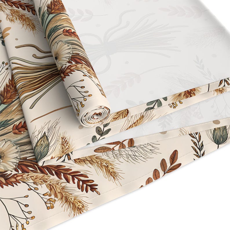 Fall harvest table runner, Thanksgiving holiday table setting, Harvest wheat neutral fall decor, Green beige autumn reusable cloth napkins image 2