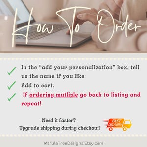 May include: Image with text instructions on how to order a product. The text includes steps like adding personalization, adding to cart, and repeating for multiple items. A fast delivery truck graphic is also present.