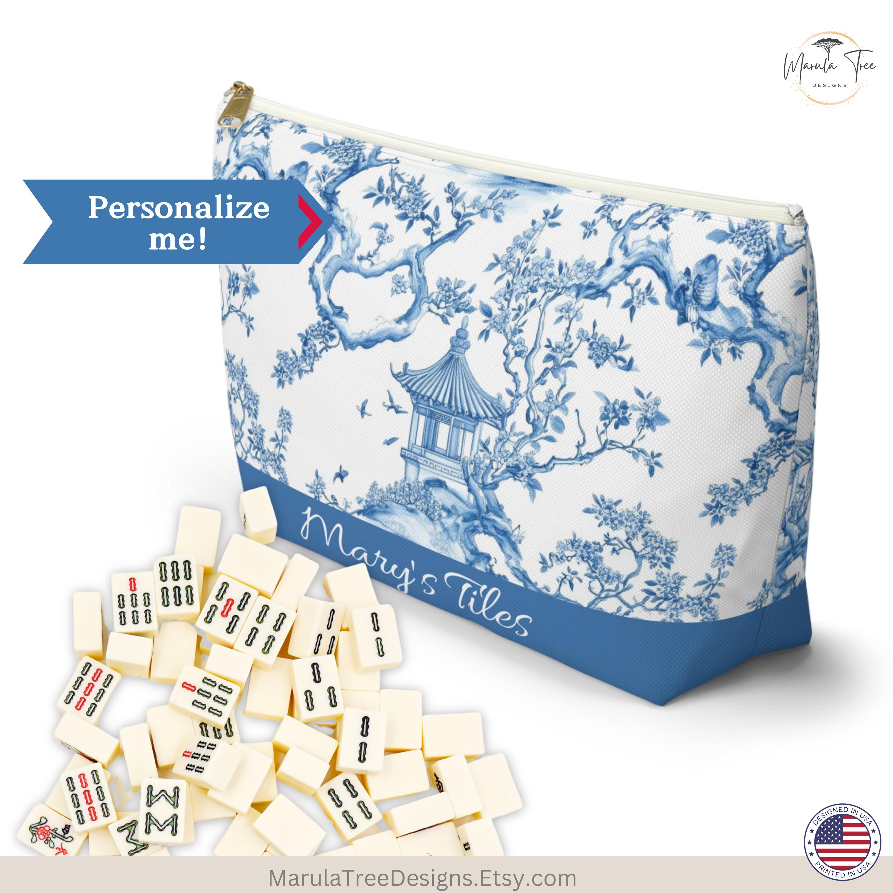 Personalized Chinoiserie Mahjong bag, Blue and White Mahjong tile storage, Game night Tile pouch, Mahj bag, Cute Mahj gift, Bam Crack Dot