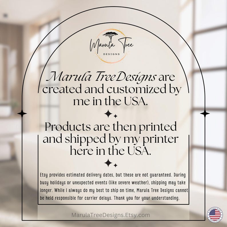 May include: An image featuring the Marula Tree Designs logo and text. The text states that products are created and customized in the USA and printed and shipped by a printer in the USA. The Etsy shop URL is also included.