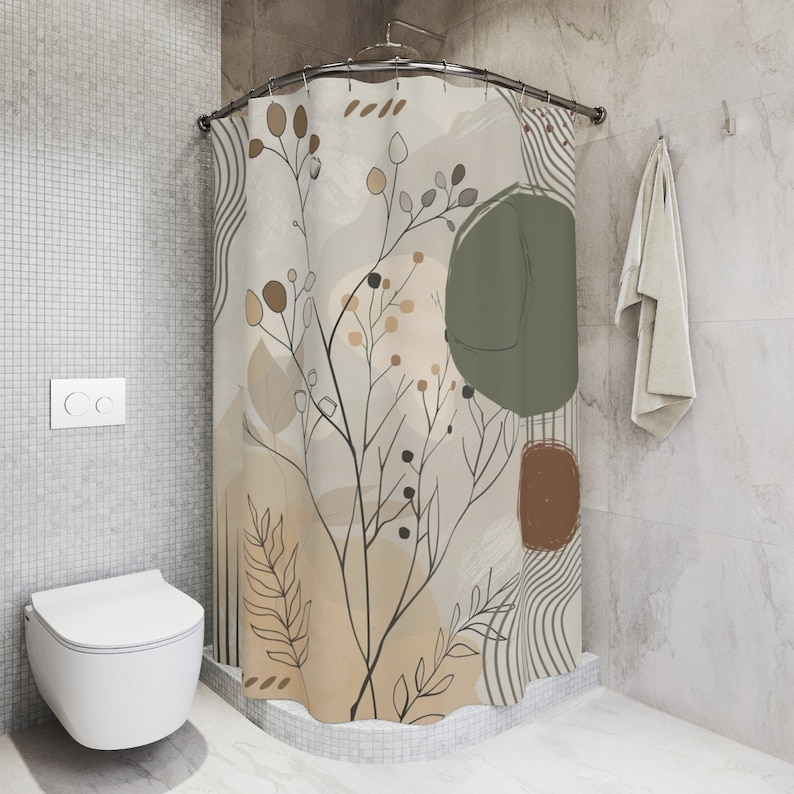 May include: A shower curtain with a beige background and a brown, green, and black abstract floral design. The design features stylised leaves and branches with small brown dots.