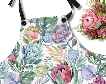 Protea Flower Apron, South African apron for ouma, Botanical apron, Pink Floral Apron, Banksia Apron, Colorful apron with flowers