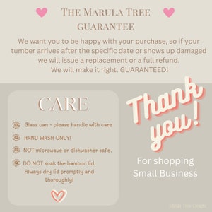 Puede incluir: Un gr&aacute;fico rosa y blanco con el texto "The Marula Tree Guarantee" y "Care" con instrucciones para manipular un vaso de vidrio. El texto "Thank you!" est&aacute; en rosa y blanco con un coraz&oacute;n rosa. El texto "For shopping Small Business" est&aacute; en negro.