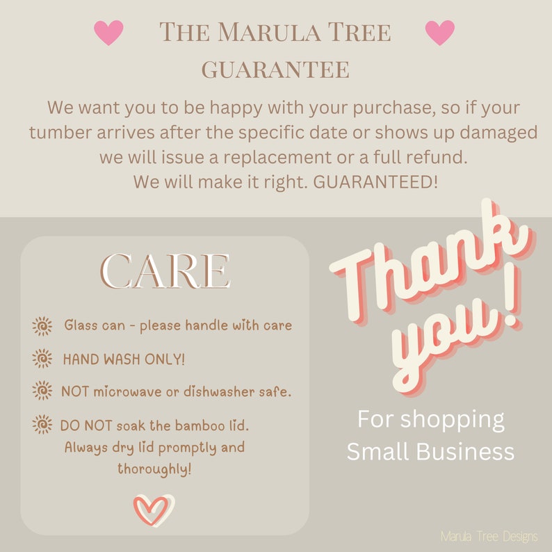 Puede incluir: Un gr&aacute;fico rosa y blanco con el texto "The Marula Tree Guarantee" y "Care" con instrucciones para manipular un vaso de vidrio. El texto "Thank you!" est&aacute; en rosa y blanco con un coraz&oacute;n rosa. El texto "For shopping Small Business" est&aacute; en negro.
