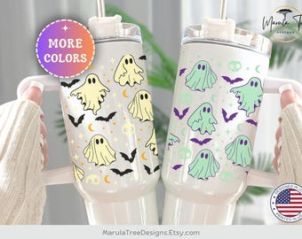 Personalized Ghost Tumbler 40oz with handle, Spooky Ghost Tumbler, retro Ghost Tumbler, Trendy Halloween Tumbler, Cute Pink ghost tumbler