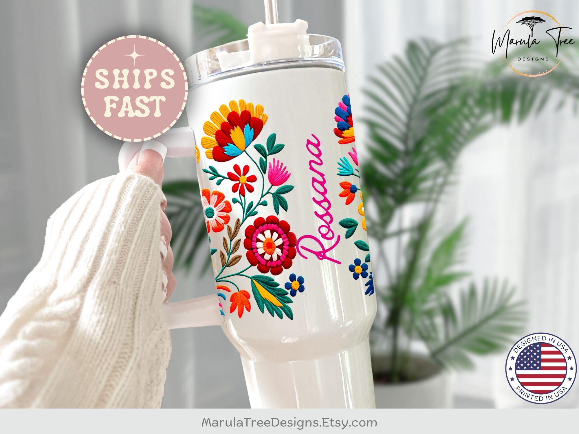 Mexican floral tumbler 40oz with handle, Personalized Abuela Tumbler, Mexican Embroidery Madre Tumbler, Custom Abuela Gift from Grandkids