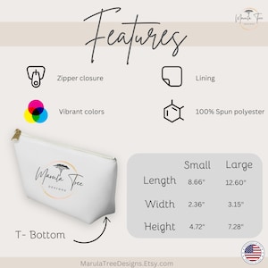 Pode incluir: Bolsa de cosm&eacute;ticos branca com fecho de correr, com o texto "Marula Tree Designs". A bolsa tem fundo em T e &eacute; feita de 100% poli&eacute;ster fiado. Tamanho pequeno: 22 cm de comprimento, 6 cm de largura, 12 cm de altura. Tamanho grande: 32 cm de comprimento, 8 cm de largura, 18 cm de altura.