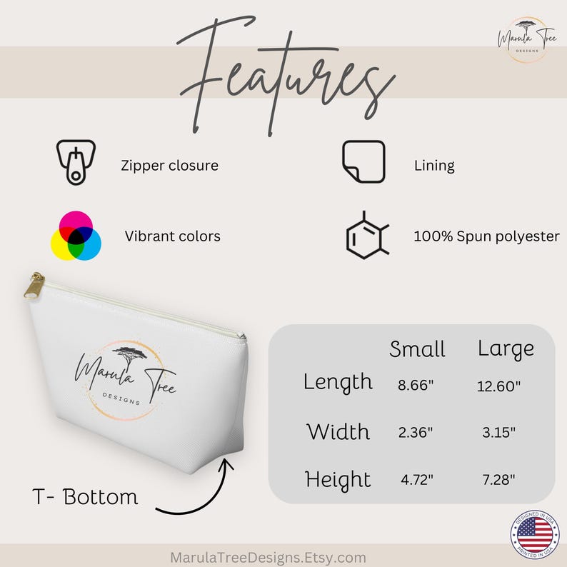Pode incluir: Bolsa de cosm&eacute;ticos branca com fecho de correr, com o texto "Marula Tree Designs". A bolsa tem fundo em T e &eacute; feita de 100% poli&eacute;ster fiado. Tamanho pequeno: 22 cm de comprimento, 6 cm de largura, 12 cm de altura. Tamanho grande: 32 cm de comprimento, 8 cm de largura, 18 cm de altura.
