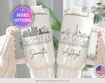 Personalized Bachelorette Tumbler with name, Custom Destination Tumbler, City Skyline Tumbler, Bridal Party Cups, Bridesmaid Tumbler 40oz