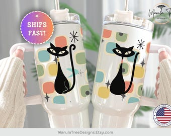 Atomic Black Cat Tumbler 40oz with handle, Kitschy Black Sexton Cat Tumbler, Mid Century Modern mug, MCM coffee cup, Retro Tumbler